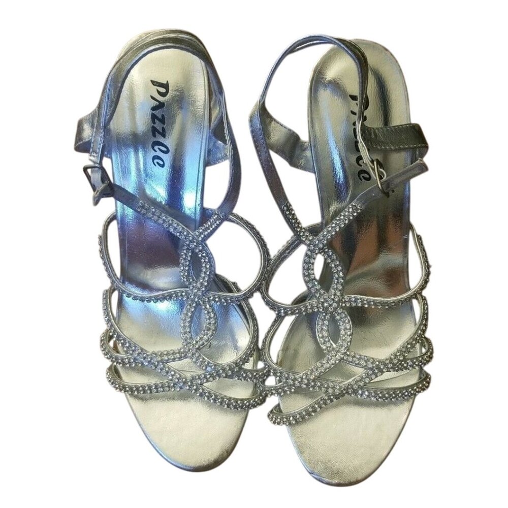 PAZZLE SILVER‎ RHINESTONE SLINGBACK HEELS SIZE 8-NICE!